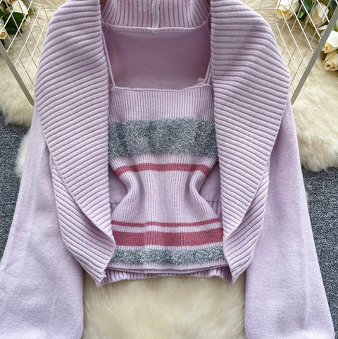 Lapeled Cardigan & Striped Camisole 2Pcs