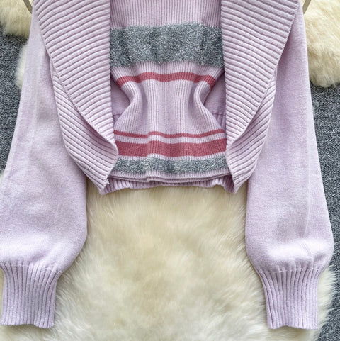 Lapeled Cardigan & Striped Camisole 2Pcs