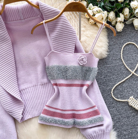 Lapeled Cardigan & Striped Camisole 2Pcs