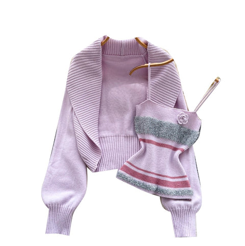 Lapeled Cardigan & Striped Camisole 2Pcs