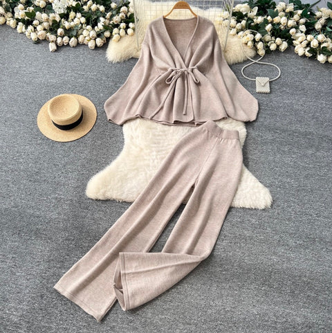 Bat-sleeve Cardigan & Wide-leg Trousers 2Pcs