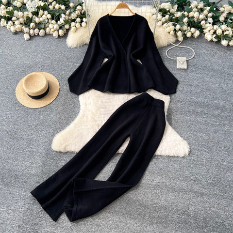 Bat-sleeve Cardigan & Wide-leg Trousers 2Pcs