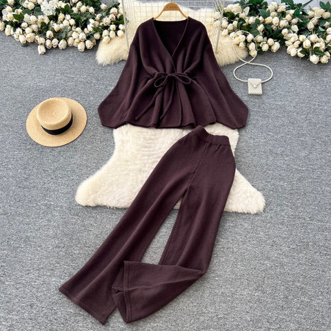 Bat-sleeve Cardigan & Wide-leg Trousers 2Pcs