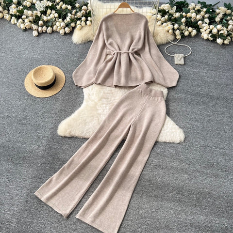 Bat-sleeve Cardigan & Wide-leg Trousers 2Pcs