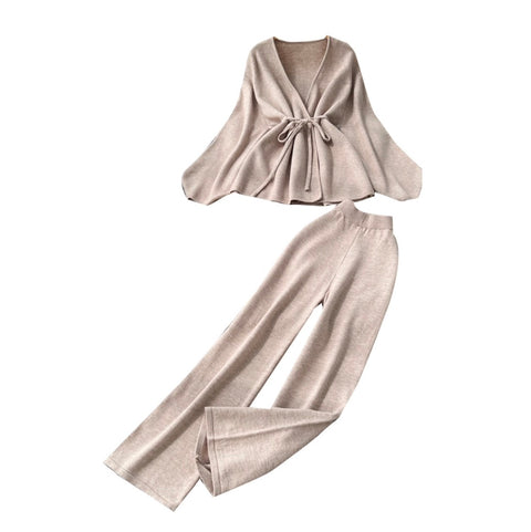 Bat-sleeve Cardigan & Wide-leg Trousers 2Pcs