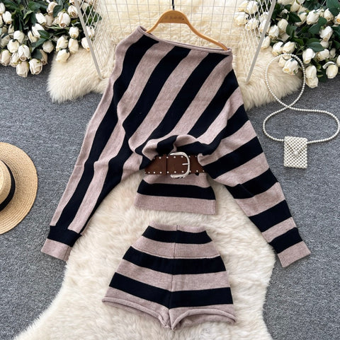 Slant-neckline Knitwear & Shorts Striped 2Pcs