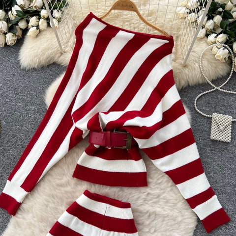 Slant-neckline Knitwear & Shorts Striped 2Pcs
