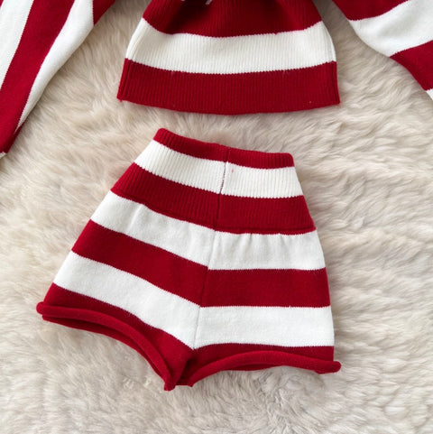 Slant-neckline Knitwear & Shorts Striped 2Pcs