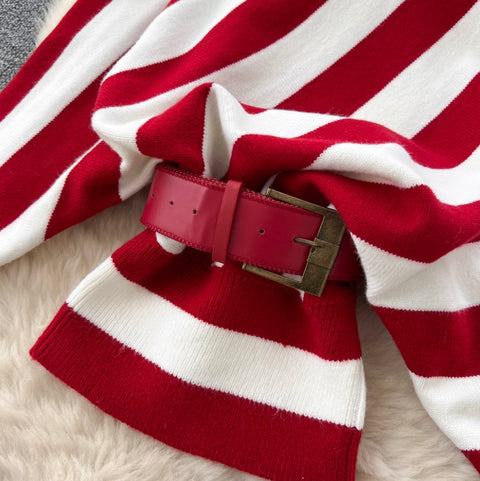 Slant-neckline Knitwear & Shorts Striped 2Pcs