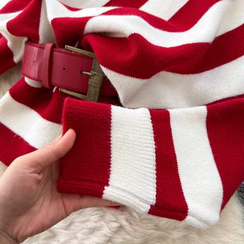 Slant-neckline Knitwear & Shorts Striped 2Pcs