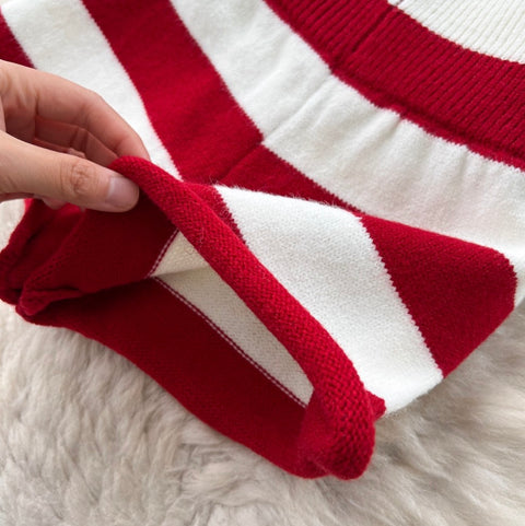 Slant-neckline Knitwear & Shorts Striped 2Pcs
