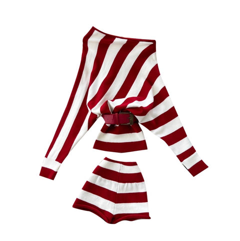 Slant-neckline Knitwear & Shorts Striped 2Pcs