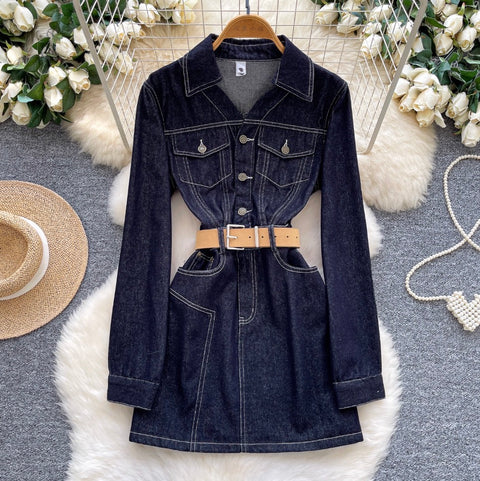 Korean Style Denim Dress with Belt