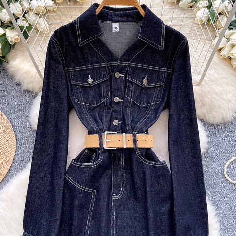 Korean Style Denim Dress with Belt
