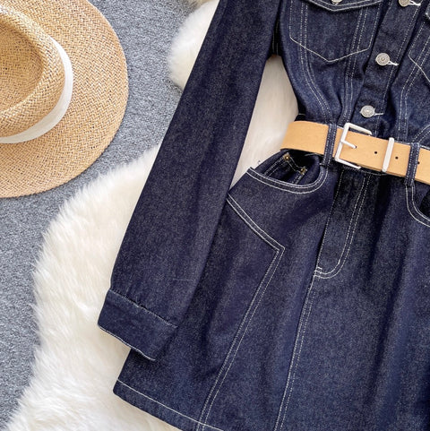 Korean Style Denim Dress with Belt