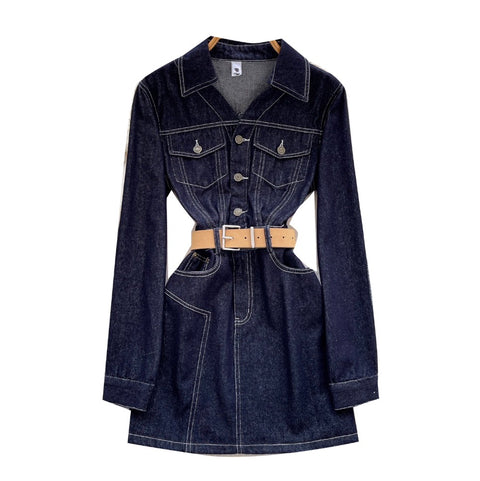 Korean Style Denim Dress with Belt