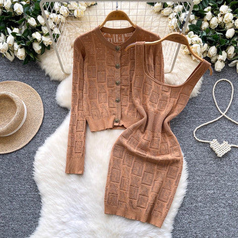 Crochet Vest Dress & Cardigan 2Pcs