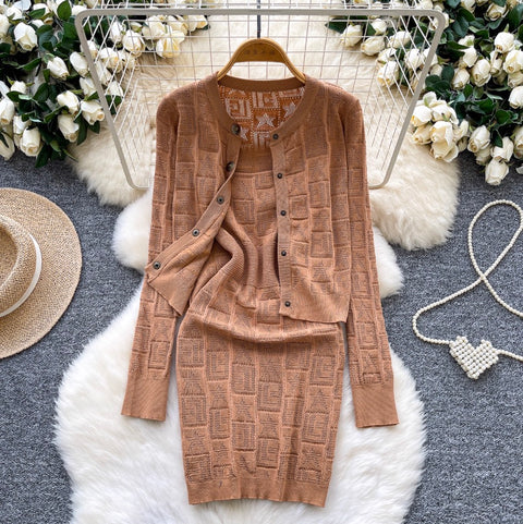 Crochet Vest Dress & Cardigan 2Pcs