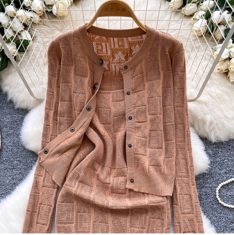 Crochet Vest Dress & Cardigan 2Pcs