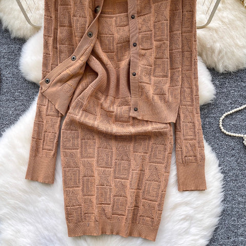 Crochet Vest Dress & Cardigan 2Pcs