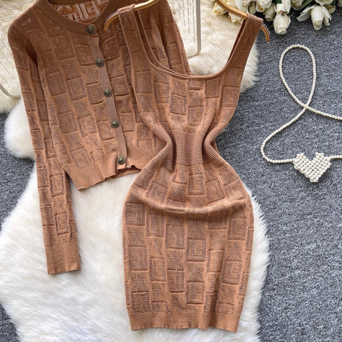Crochet Vest Dress & Cardigan 2Pcs