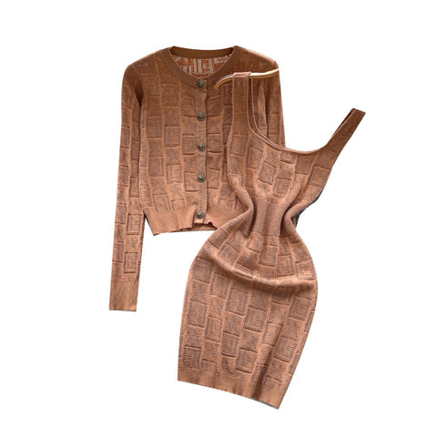 Crochet Vest Dress & Cardigan 2Pcs