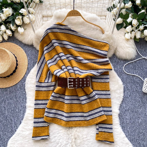 Slant Neckline Striped Knitwear