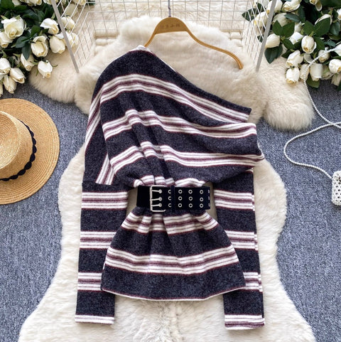 Slant Neckline Striped Knitwear