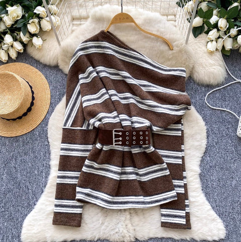 Slant Neckline Striped Knitwear