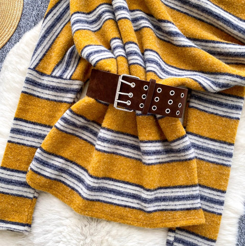 Slant Neckline Striped Knitwear