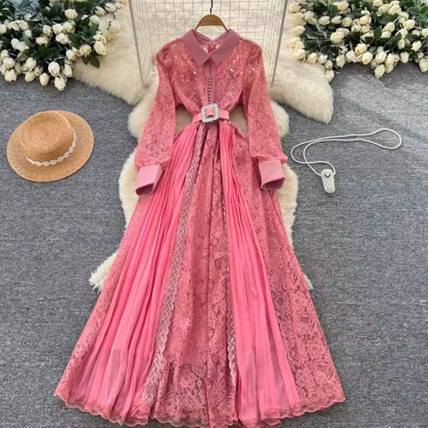 Elegant Sequined Lace Shirt Dress