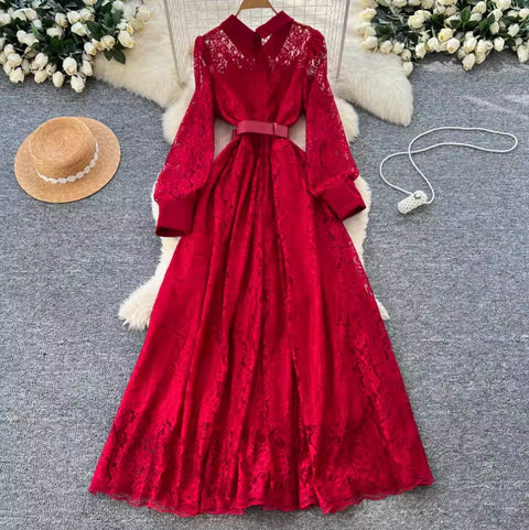 Elegant Sequined Lace Shirt Dress