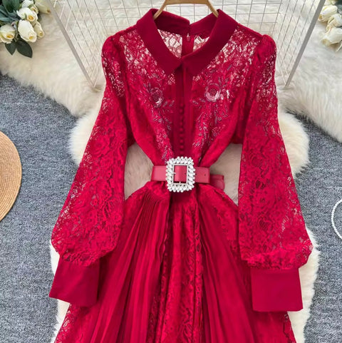 Elegant Sequined Lace Shirt Dress