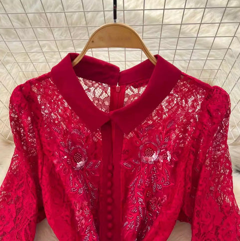 Elegant Sequined Lace Shirt Dress