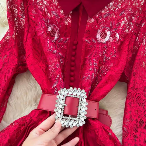 Elegant Sequined Lace Shirt Dress