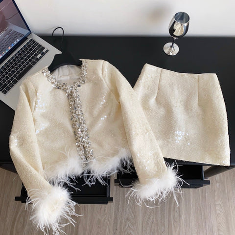 Furry Patchwork Cardigan & Skirt 2Pcs