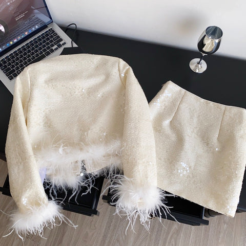 Furry Patchwork Cardigan & Skirt 2Pcs