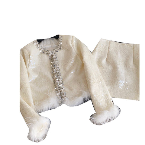 Furry Patchwork Cardigan & Skirt 2Pcs
