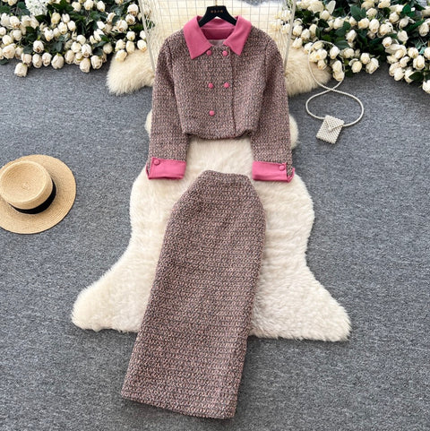 Double-breasted Cardigan & Skirt Tweed 2Pcs