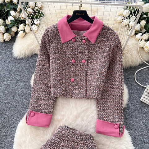 Double-breasted Cardigan & Skirt Tweed 2Pcs