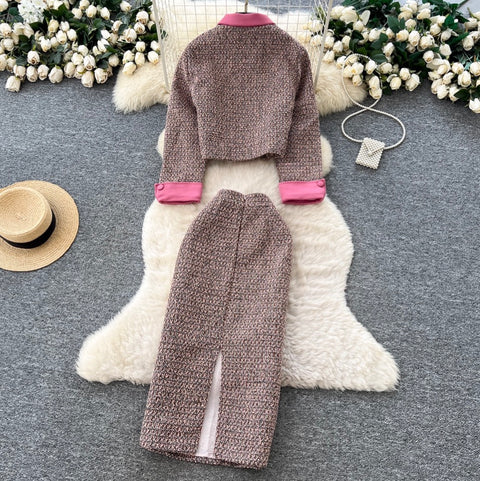 Double-breasted Cardigan & Skirt Tweed 2Pcs
