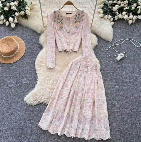 Crochet Lace Shirt & Skirt Print 2Pcs