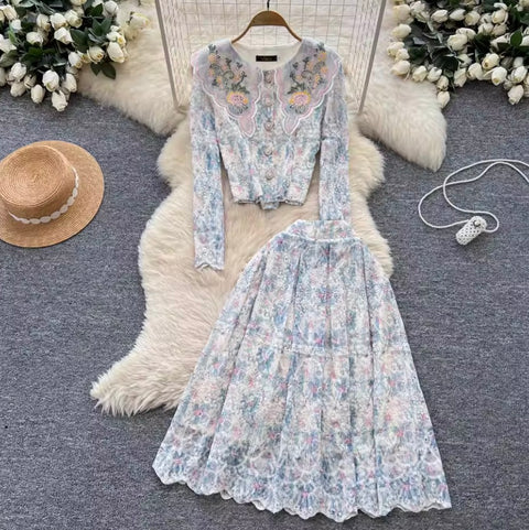 Crochet Lace Shirt & Skirt Print 2Pcs