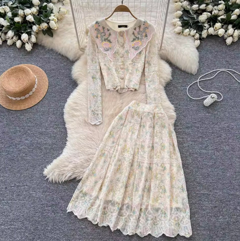 Crochet Lace Shirt & Skirt Print 2Pcs