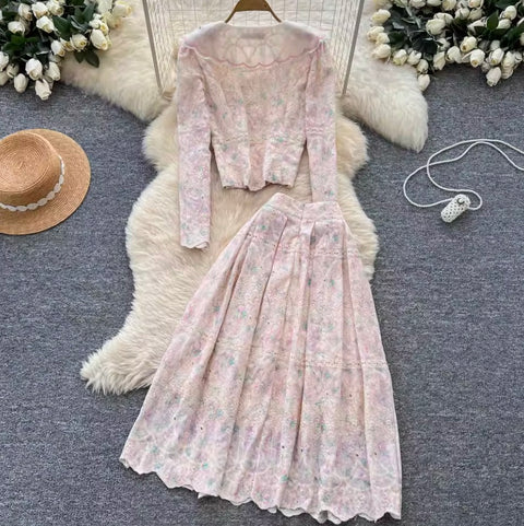 Crochet Lace Shirt & Skirt Print 2Pcs