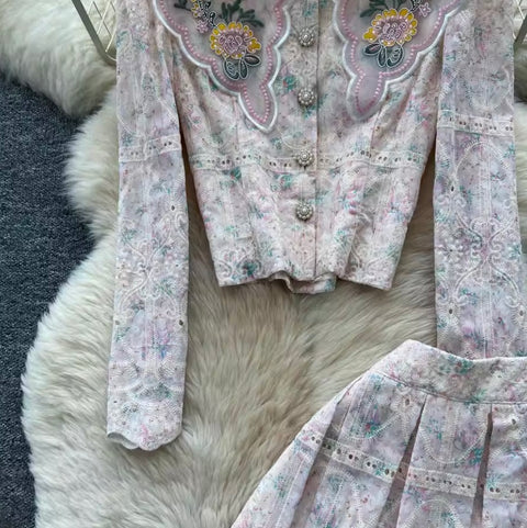 Crochet Lace Shirt & Skirt Print 2Pcs