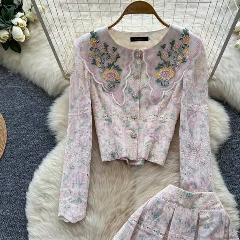 Crochet Lace Shirt & Skirt Print 2Pcs