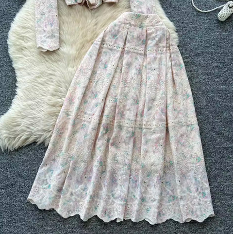 Crochet Lace Shirt & Skirt Print 2Pcs