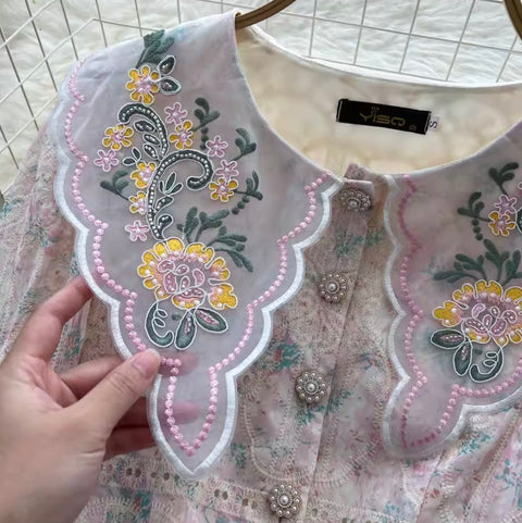 Crochet Lace Shirt & Skirt Print 2Pcs