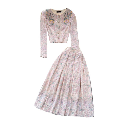 Crochet Lace Shirt & Skirt Print 2Pcs